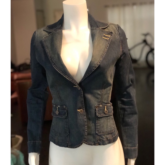 Level 99 Jackets & Blazers - Level 99 Distressed Stretch Denim Button Blazer